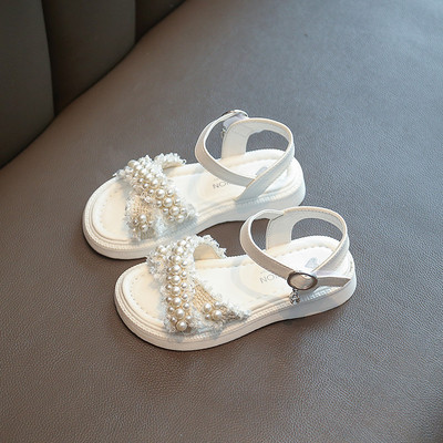 Детски сандали за момичета с равна подметка и перли