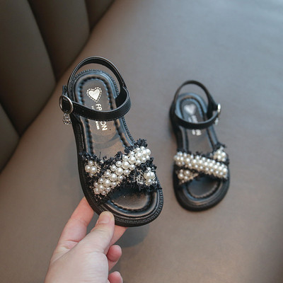 Детски сандали за момичета с равна подметка и перли