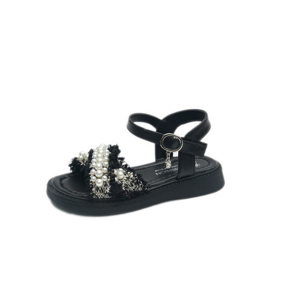 Детски сандали за момичета с равна подметка и перли 