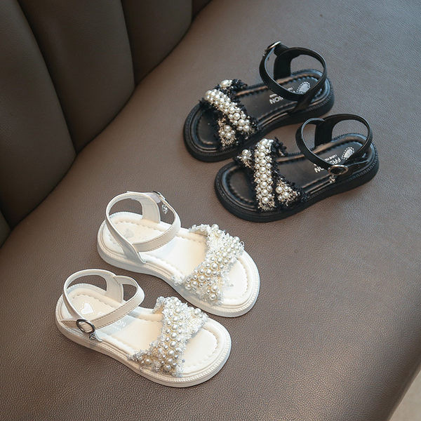 Детски сандали за момичета с равна подметка и перли 