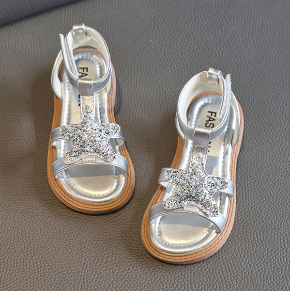 Детски кожени сандали за момичета с декорация камъни