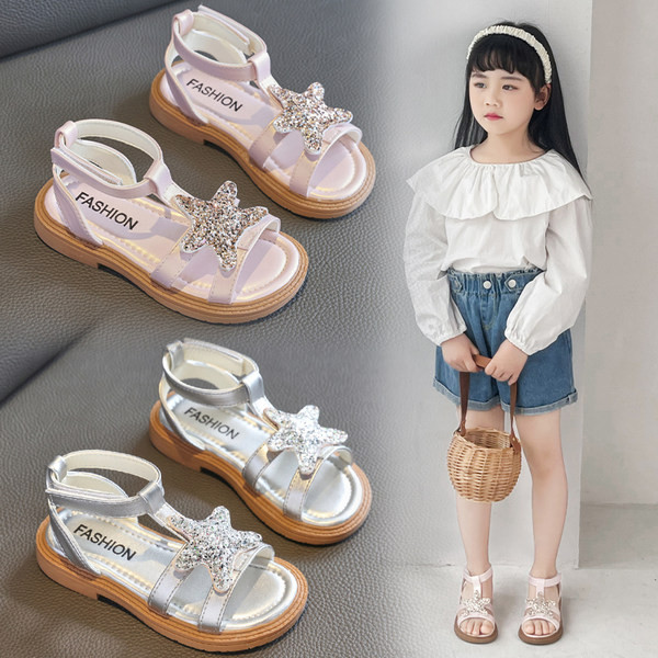 Детски кожени сандали за момичета с декорация камъни