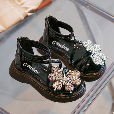 Модерни детски сандали с камъни -бял и черен цвят