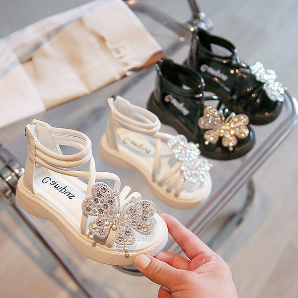 Модерни детски сандали с камъни -бял и черен цвят