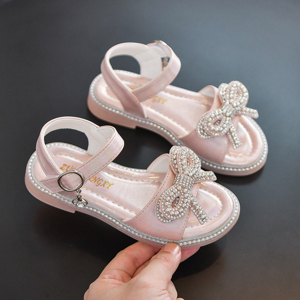 Сандали за момичета с панделка и перли