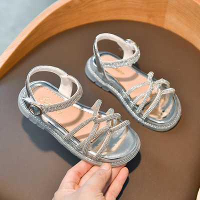 Модерни детски сандали с камъни-златист и сребрист цвят