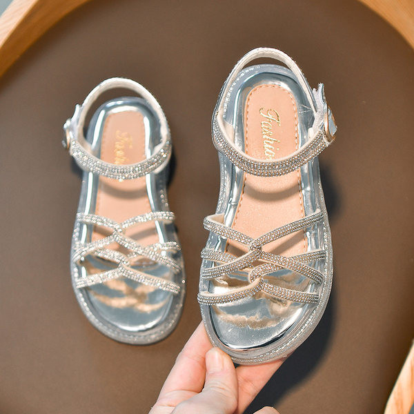 Модерни детски сандали с камъни-златист и сребрист цвят