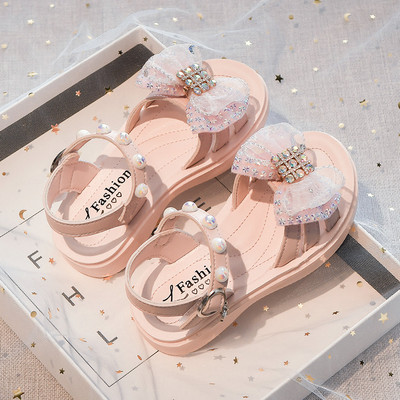 Сандали за момичета с панделка и декоративни камъни