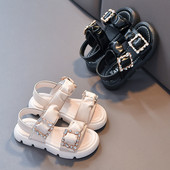Ежедневни детски кожени сандали с камъни за момичета