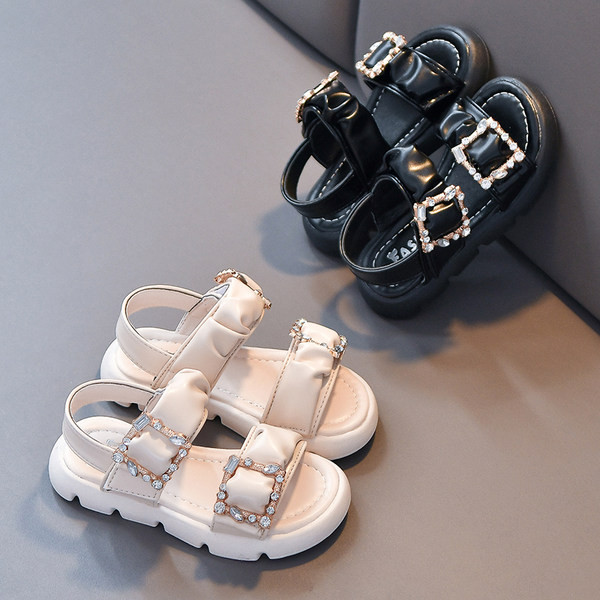 Ежедневни детски кожени сандали с камъни за момичета