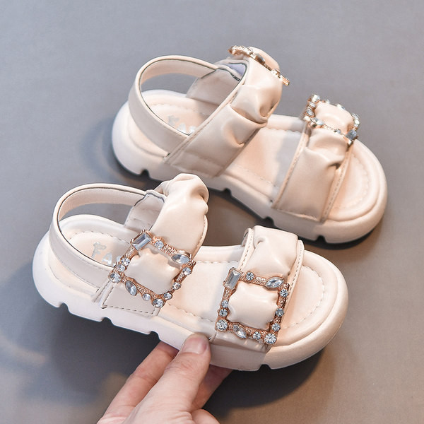 Ежедневни детски кожени сандали с камъни за момичета