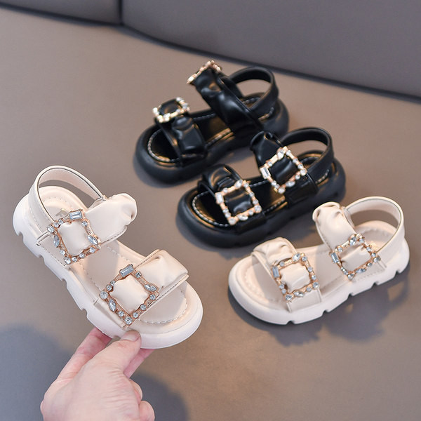 Ежедневни детски кожени сандали с камъни за момичета