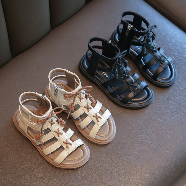 Ежедневни детски сандали от еко кожа -черен и бежов цвят