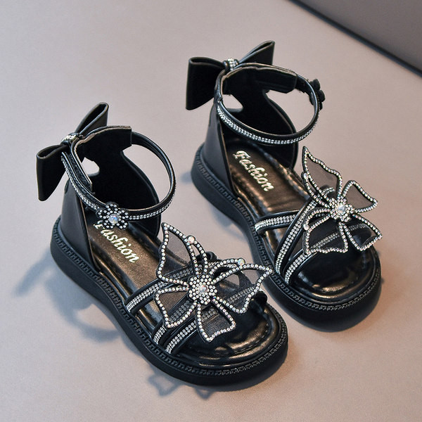 Детски сандали с панделка в черен и бял цвят 
