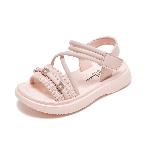 Кожени сандали за момичета с велкро закопчаване и метален елемент