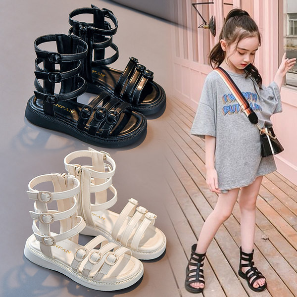 Нов модел детски кожени сандали с каишки -бял и черен цвят