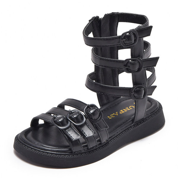 Нов модел детски кожени сандали с каишки -бял и черен цвят