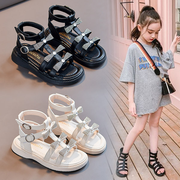 Детски сандали в римски стил с панделки и декоративни камъни