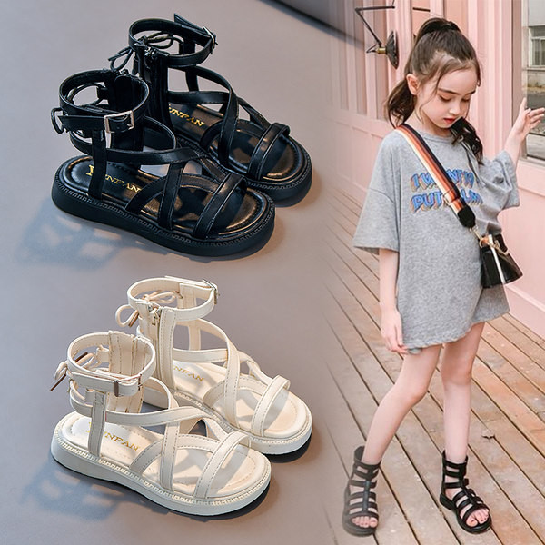 Детски сандали с кожени каишки в черен и бял цвят 