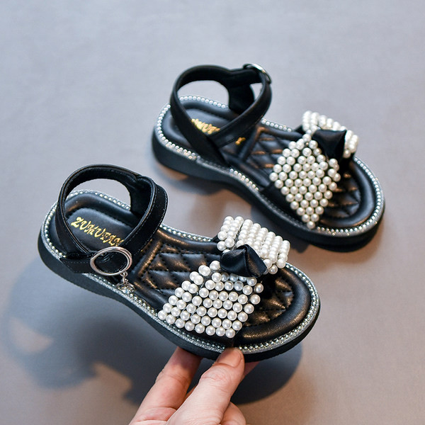 Летни детски сандали с перли -бял и черен цвят за момичета