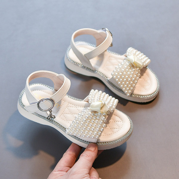 Летни детски сандали с перли -бял и черен цвят за момичета