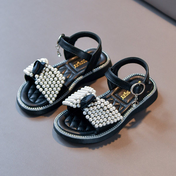 Летни детски сандали с перли -бял и черен цвят за момичета
