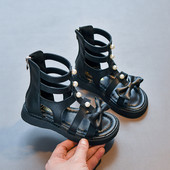 Детски кожени сандали тип римски стил с декорация перли