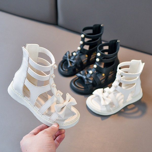 Детски кожени сандали тип римски стил с декорация перли