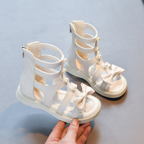 Детски кожени сандали тип римски стил с декорация перли