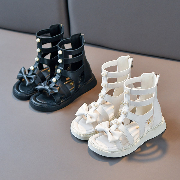 Детски кожени сандали тип римски стил с декорация перли