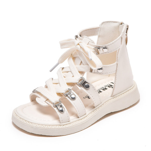 Нов модел кожени сандали за момичета с връзки и цип