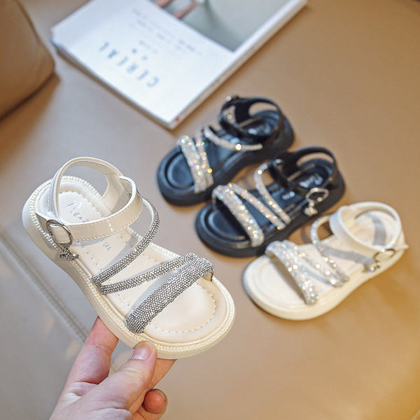 Детски кожени сандали с камъни в бял и черен цвят 