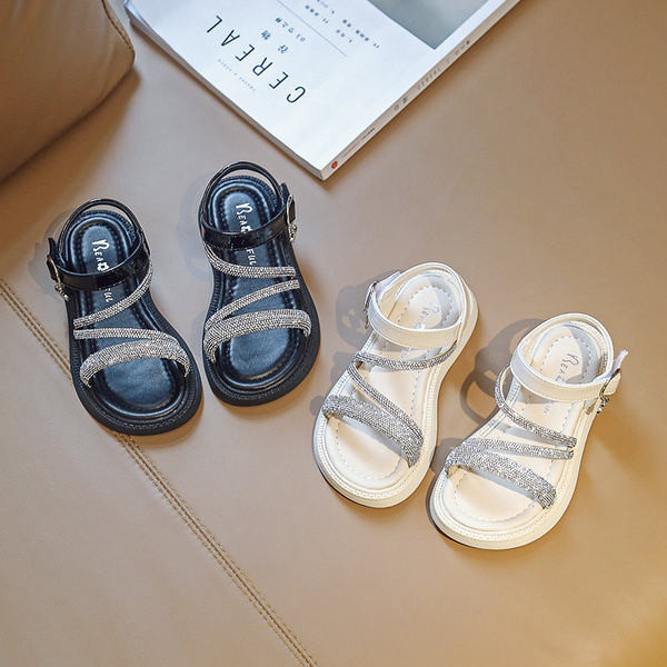 Детски кожени сандали с камъни в бял и черен цвят 