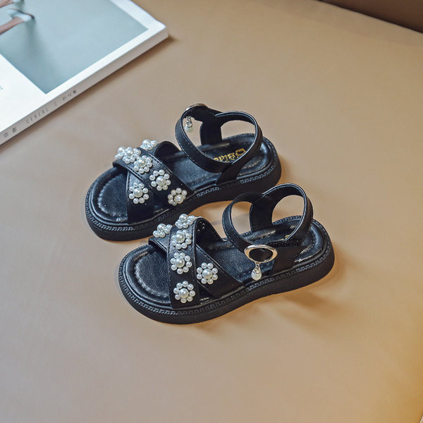 Детски сандали за момичета с перли и метална катарама