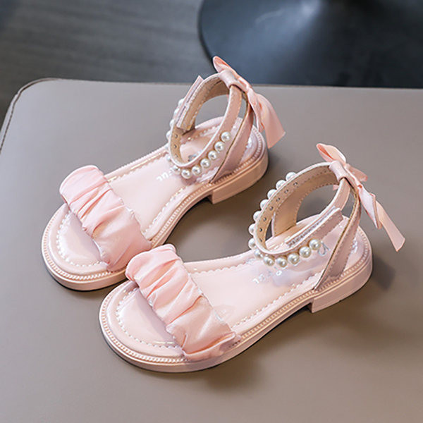 Кожени сандали за момичета с перли и равна подметка 