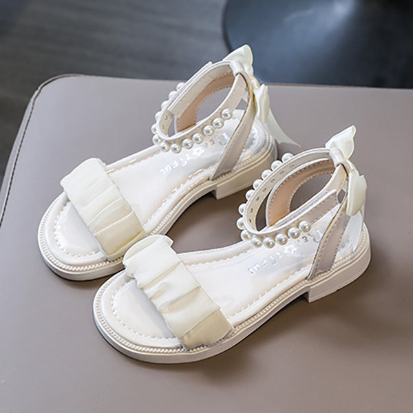 Кожени сандали за момичета с перли и равна подметка 