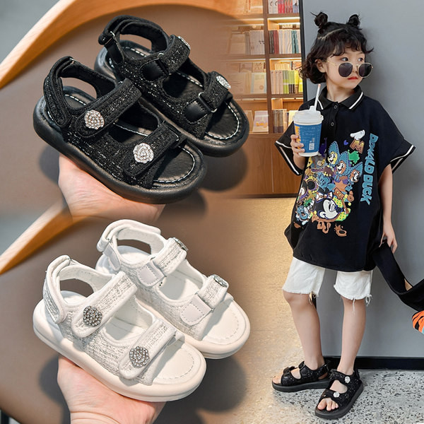 Текстилни сандали за момичета с декоративни камъни