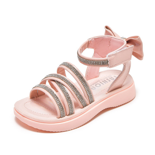 Кожени сандали с панделка и декоративни камъни за момичета 