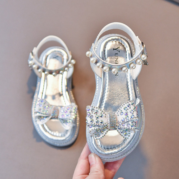 Ежедневни сандали за момичета с перли и декоративни камъни