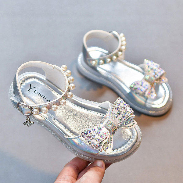 Ежедневни сандали за момичета с перли и декоративни камъни