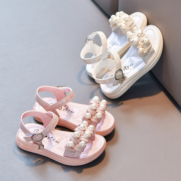 Детски сандали с перли в бял и розов цвят 