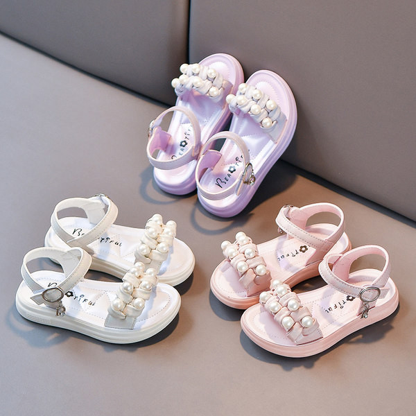 Детски сандали с перли в бял и розов цвят 