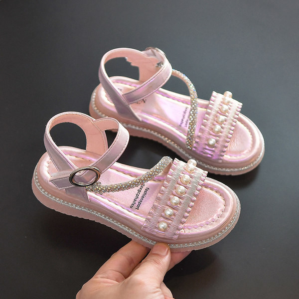 Летни сандали за момичета с равна подметка и декорация перли и камъни