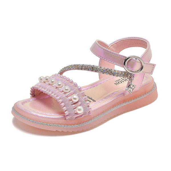 Летни сандали за момичета с равна подметка и декорация перли и камъни