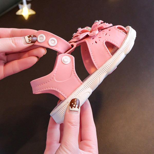 Детски кожени сандали с камъни в бежов и розов цвят 