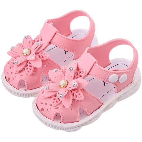 Детски кожени сандали с камъни в бежов и розов цвят 