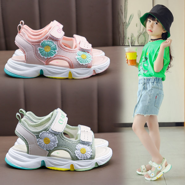 Ежедневни детски сандали с велкро лепенки -розов и зелен цвят