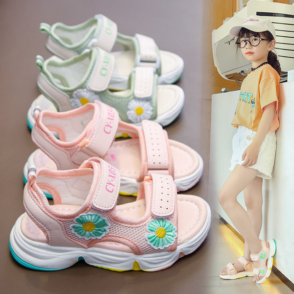 Ежедневни детски сандали с велкро лепенки -розов и зелен цвят