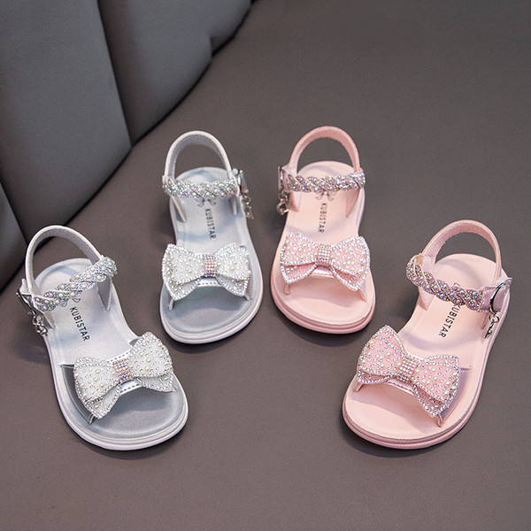 Модерни сандали за момичета с панделка и декорация перли и камъни