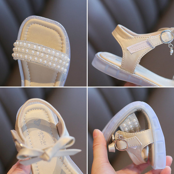 Детски квадратни сандали за момичета с декорация перли и метална катарама